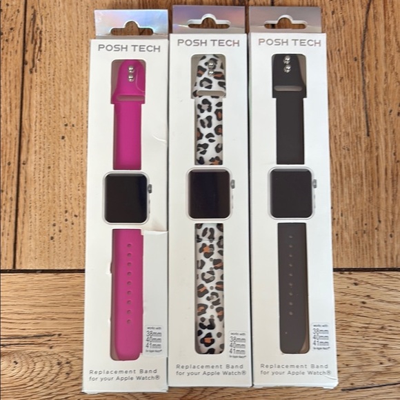 3 NIB PoshTech Apple Watch Replacement Bands - Pink, Leopard, Black - Picture 1 of 9